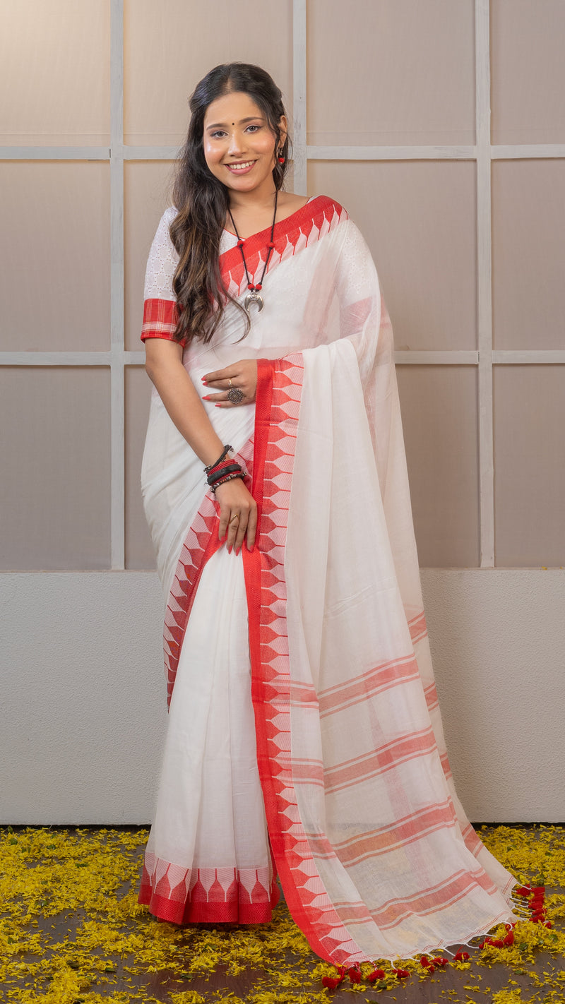 Red and White Bengali Style Mul Cotton Saree