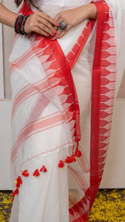 Red and White Bengali Style Mul Cotton Saree