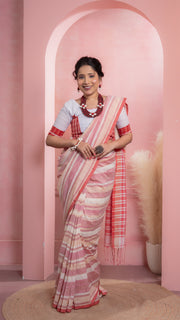 Gamcha style Red and White Handloom Khadi Cotton Saree