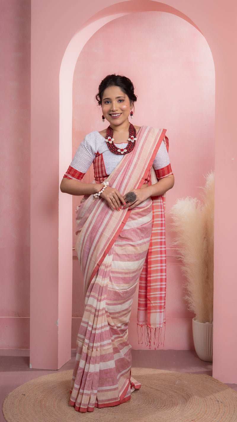 Gamcha style Red and White Handloom Khadi Cotton Saree