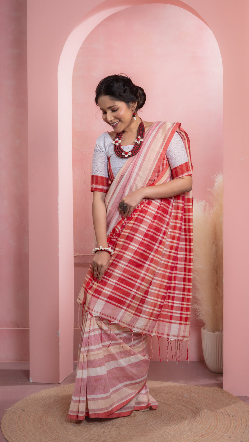 Gamcha style Red and White Handloom Khadi Cotton Saree