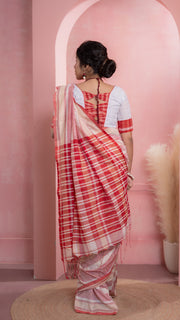 Gamcha style Red and White Handloom Khadi Cotton Saree