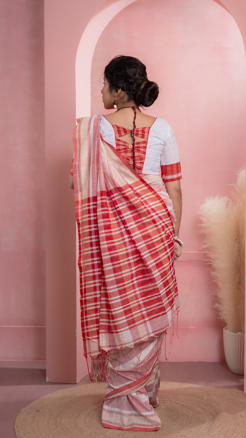 Gamcha style Red and White Handloom Khadi Cotton Saree