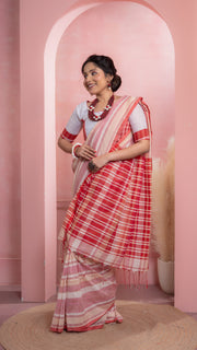 Gamcha style Red and White Handloom Khadi Cotton Saree