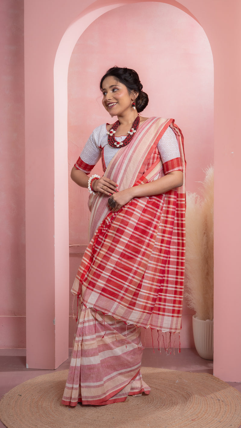 Gamcha style Red and White Handloom Khadi Cotton Saree