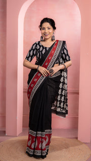 Black Bagru Print Saree with Red Border