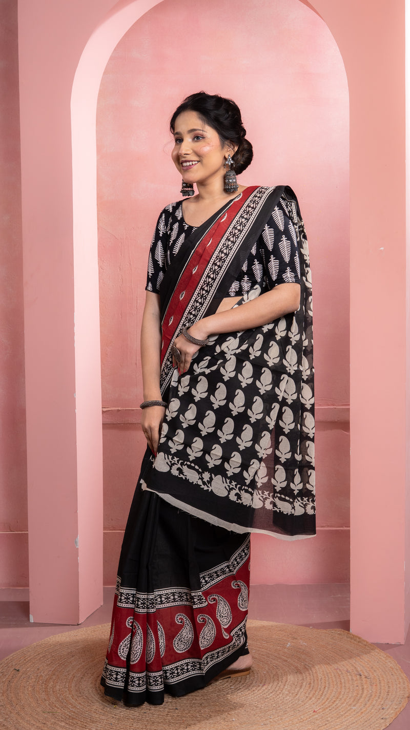 Black Bagru Print Saree with Red Border