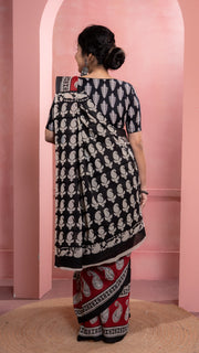 Black Bagru Print Saree with Red Border