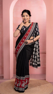 Black Bagru Print Saree with Red Border