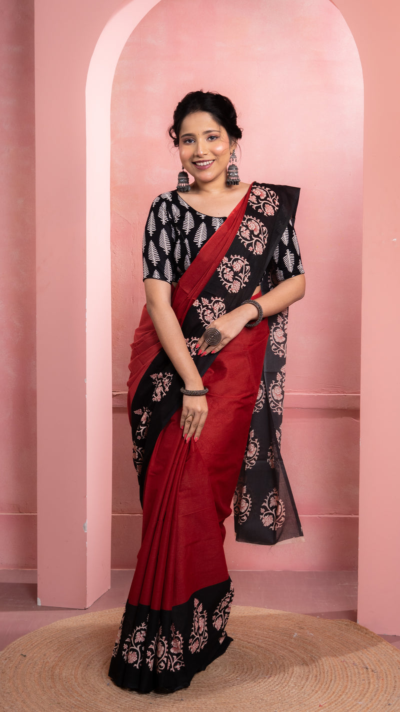 Red Bagru Print Saree with Black Border