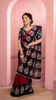 Red Bagru Print Saree with Black Border