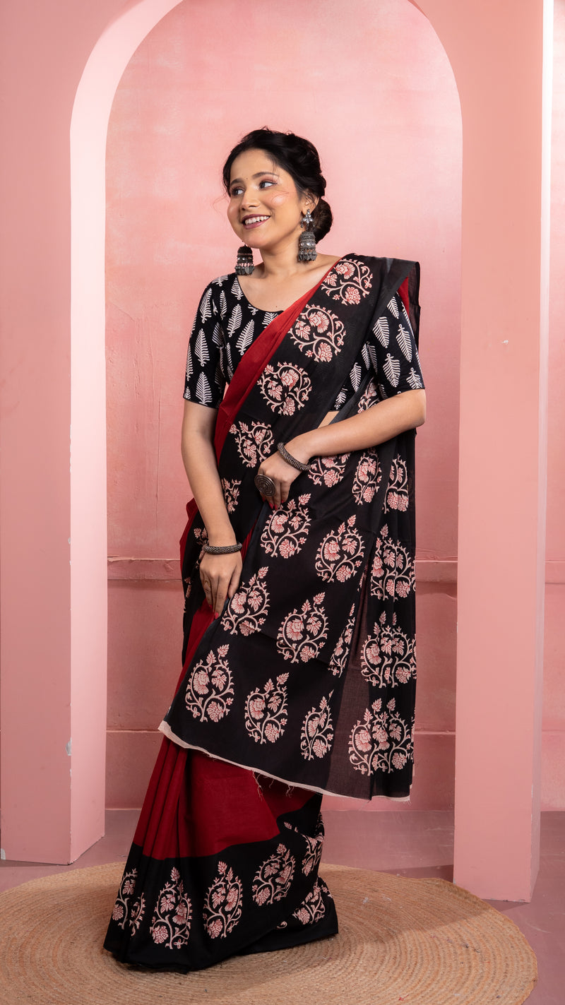 Red Bagru Print Saree with Black Border