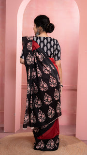 Red Bagru Print Saree with Black Border