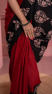 Red Bagru Print Saree with Black Border