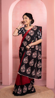 Red Bagru Print Saree with Black Border