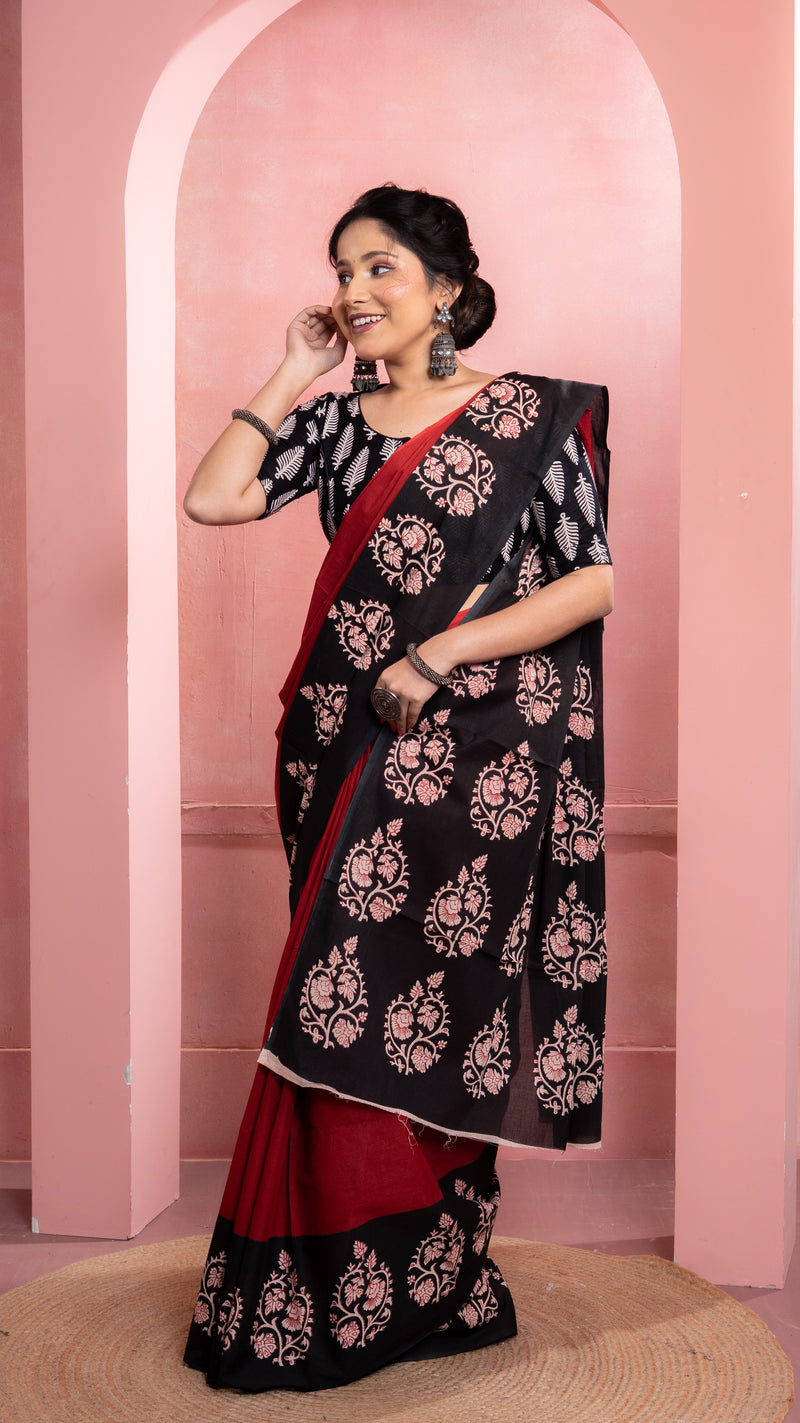 Red Bagru Print Saree with Black Border
