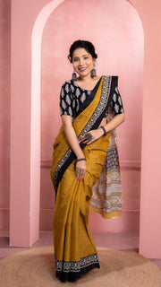 Mustard Bagru Print Saree with Black Border