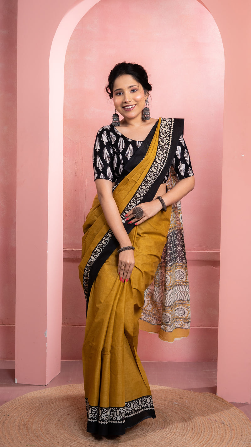 Mustard Bagru Print Saree with Black Border