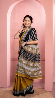 Mustard Bagru Print Saree with Black Border