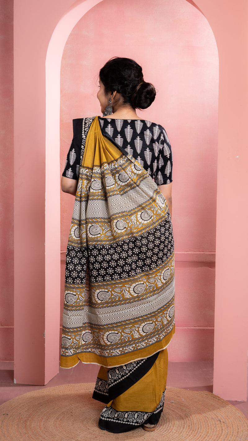 Mustard Bagru Print Saree with Black Border