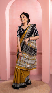 Mustard Bagru Print Saree with Black Border