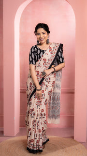Cream Bagru Print Saree with Black Border