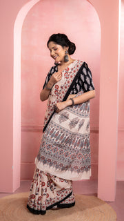 Cream Bagru Print Saree with Black Border