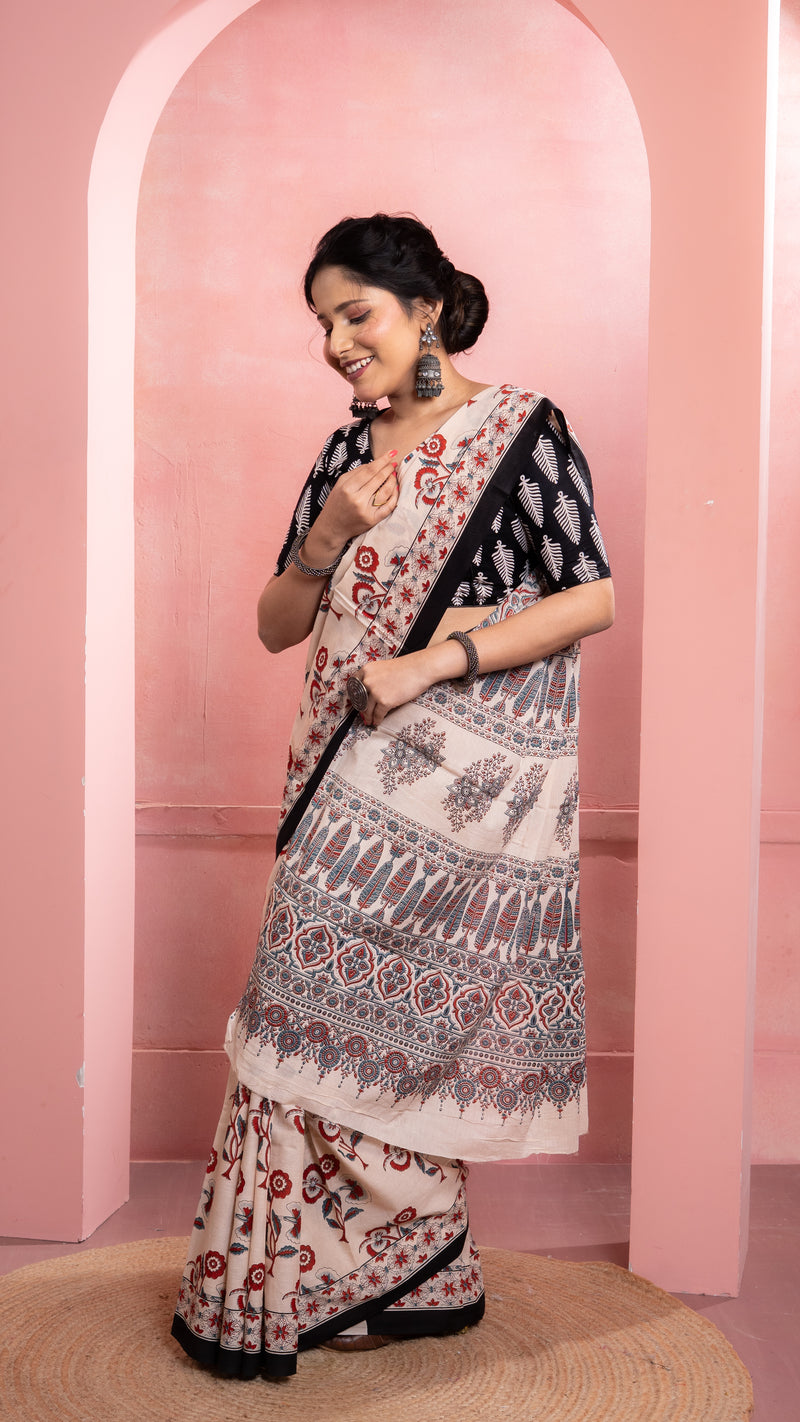 Cream Bagru Print Saree with Black Border