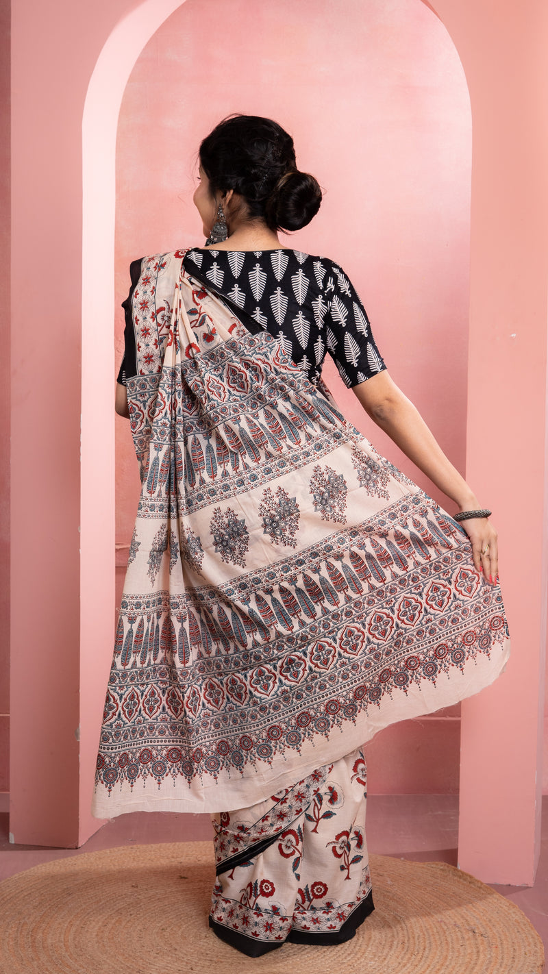 Cream Bagru Print Saree with Black Border