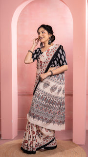 Cream Bagru Print Saree with Black Border