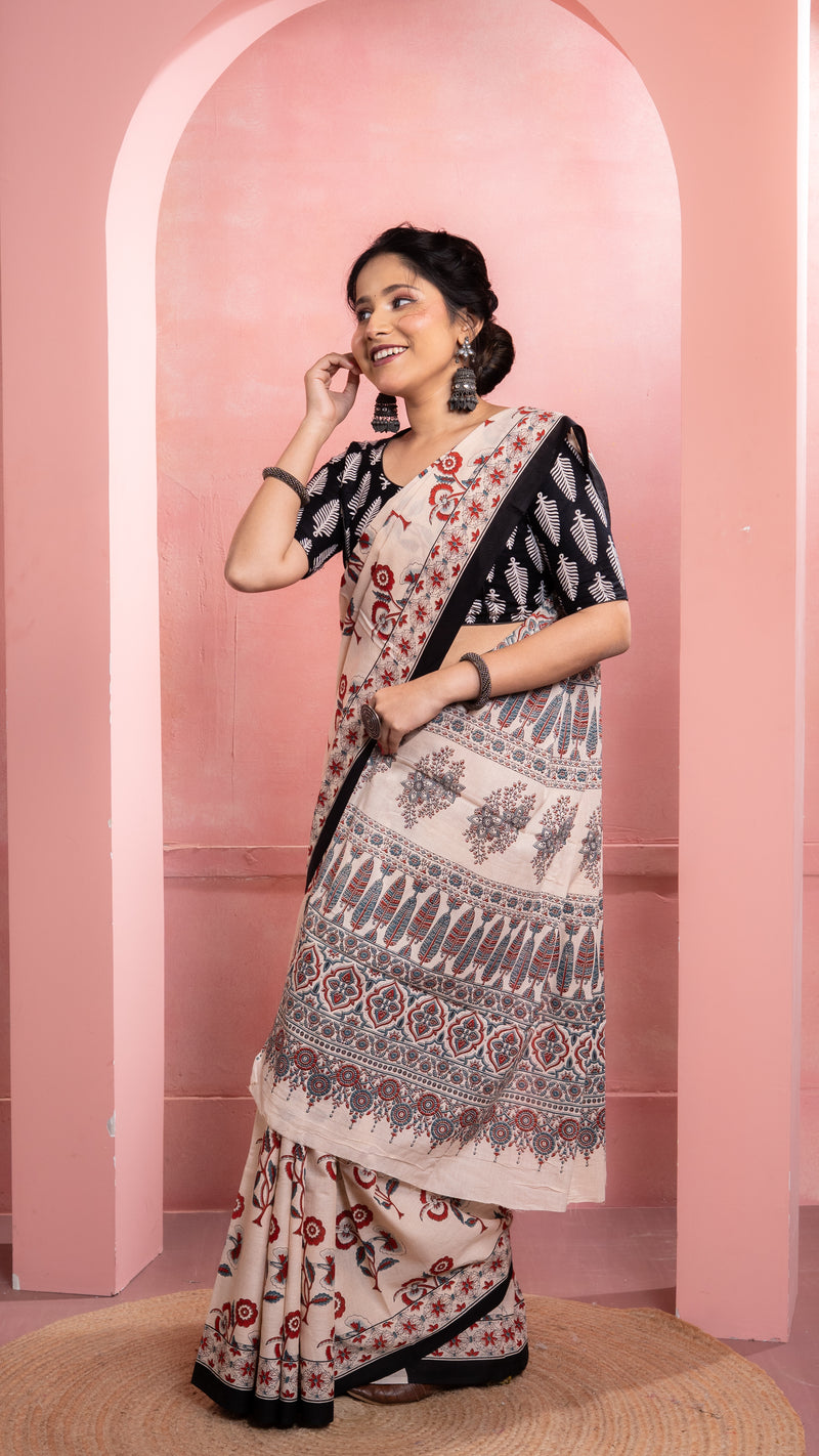 Cream Bagru Print Saree with Black Border