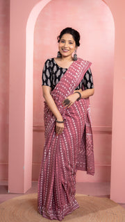 Mauve Bagru Print Saree with White Border