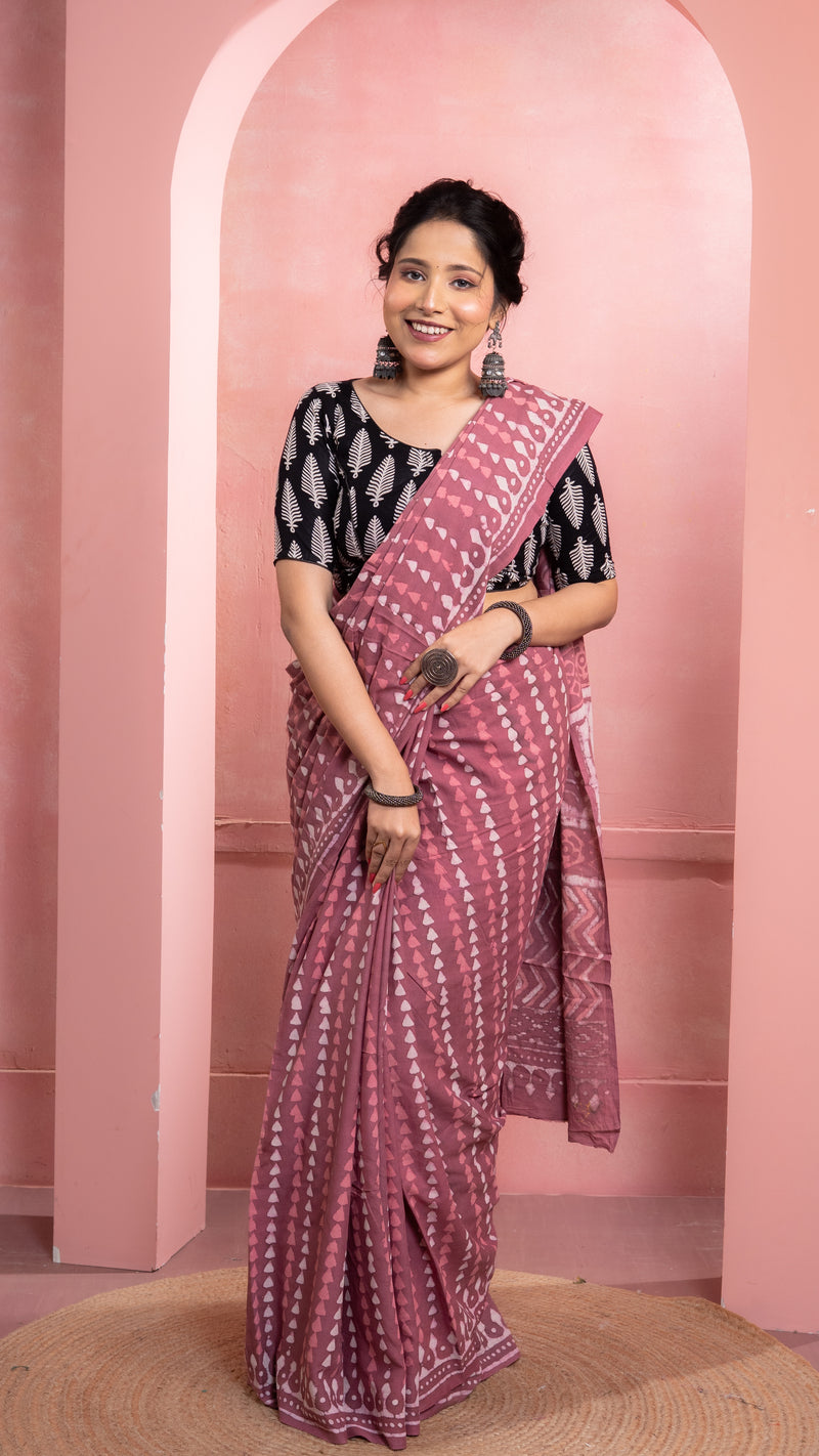 Mauve Bagru Print Saree with White Border