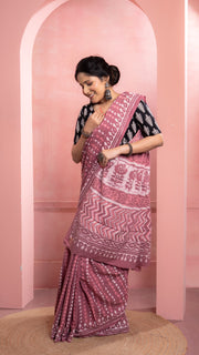 Mauve Bagru Print Saree with White Border