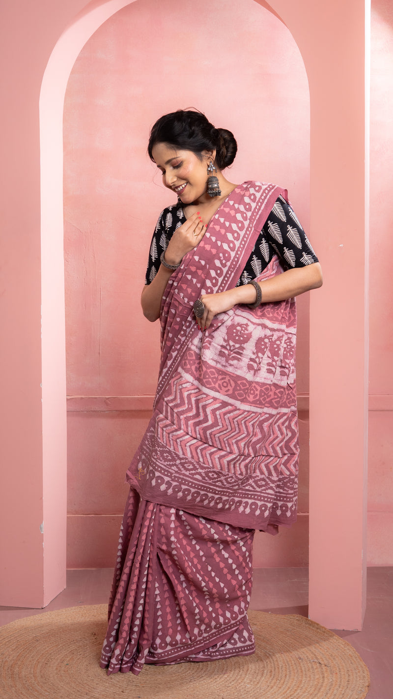 Mauve Bagru Print Saree with White Border