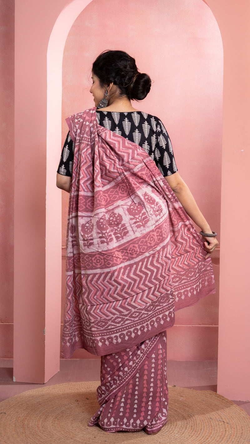 Mauve Bagru Print Saree with White Border
