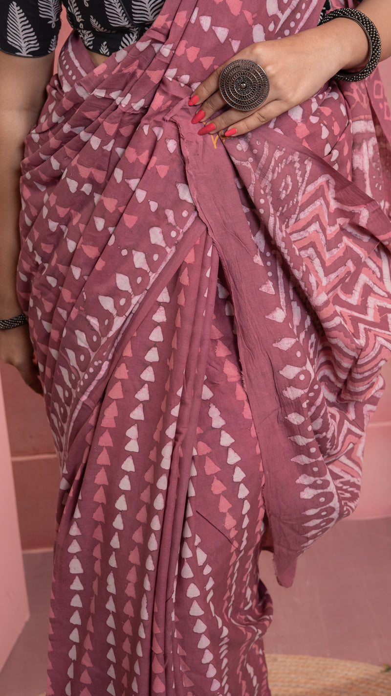 Mauve Bagru Print Saree with White Border