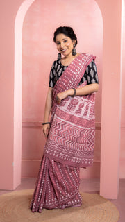 Mauve Bagru Print Saree with White Border