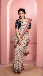 Off white Bagru Print Saree with Rust Border