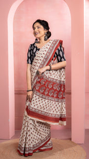 Off white Bagru Print Saree with Rust Border