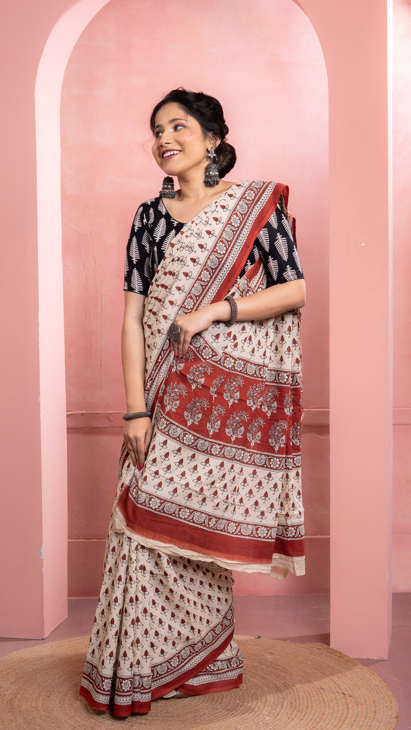 Off white Bagru Print Saree with Rust Border