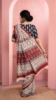 Off white Bagru Print Saree with Rust Border