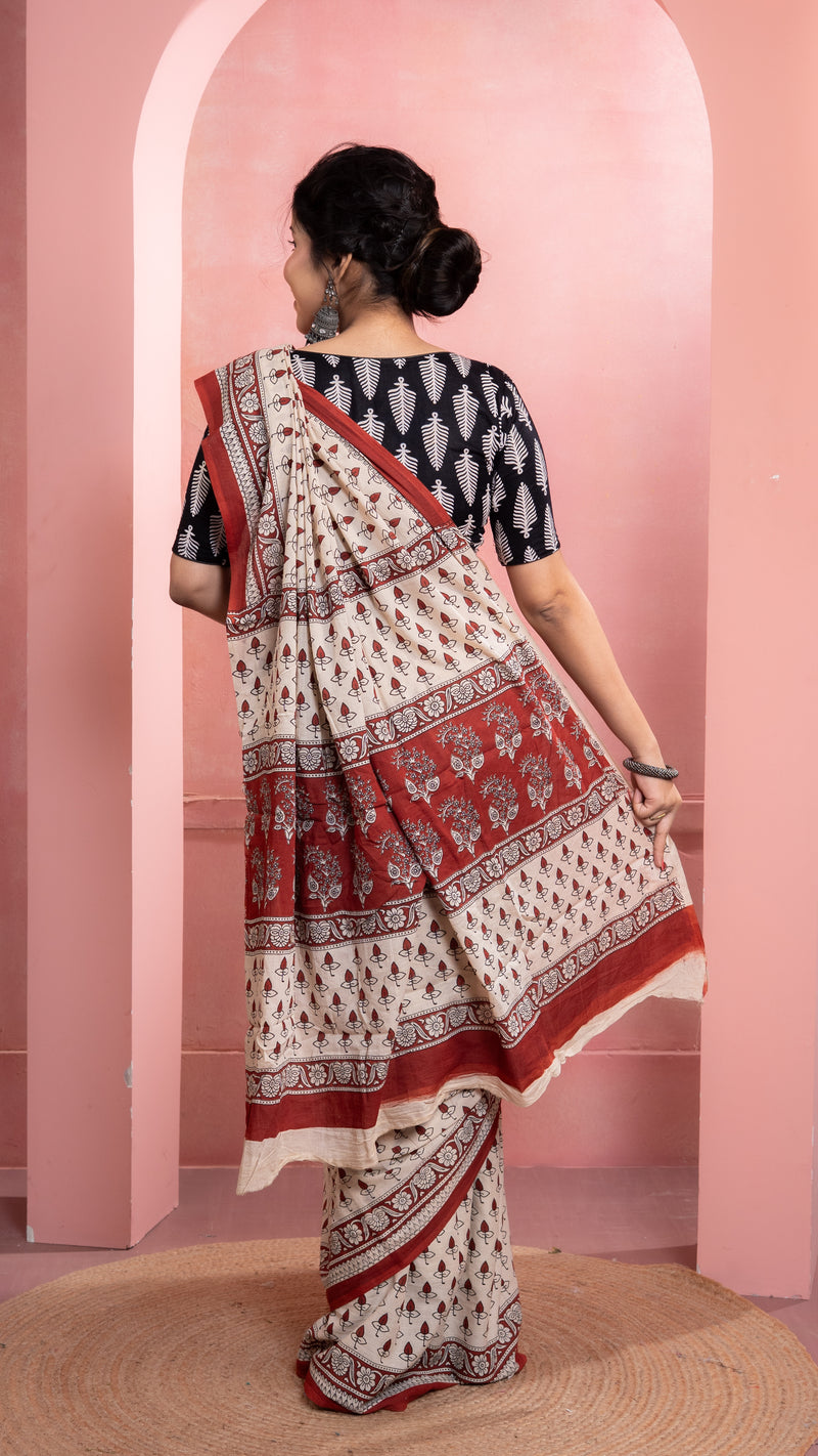 Off white Bagru Print Saree with Rust Border