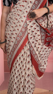 Off white Bagru Print Saree with Rust Border