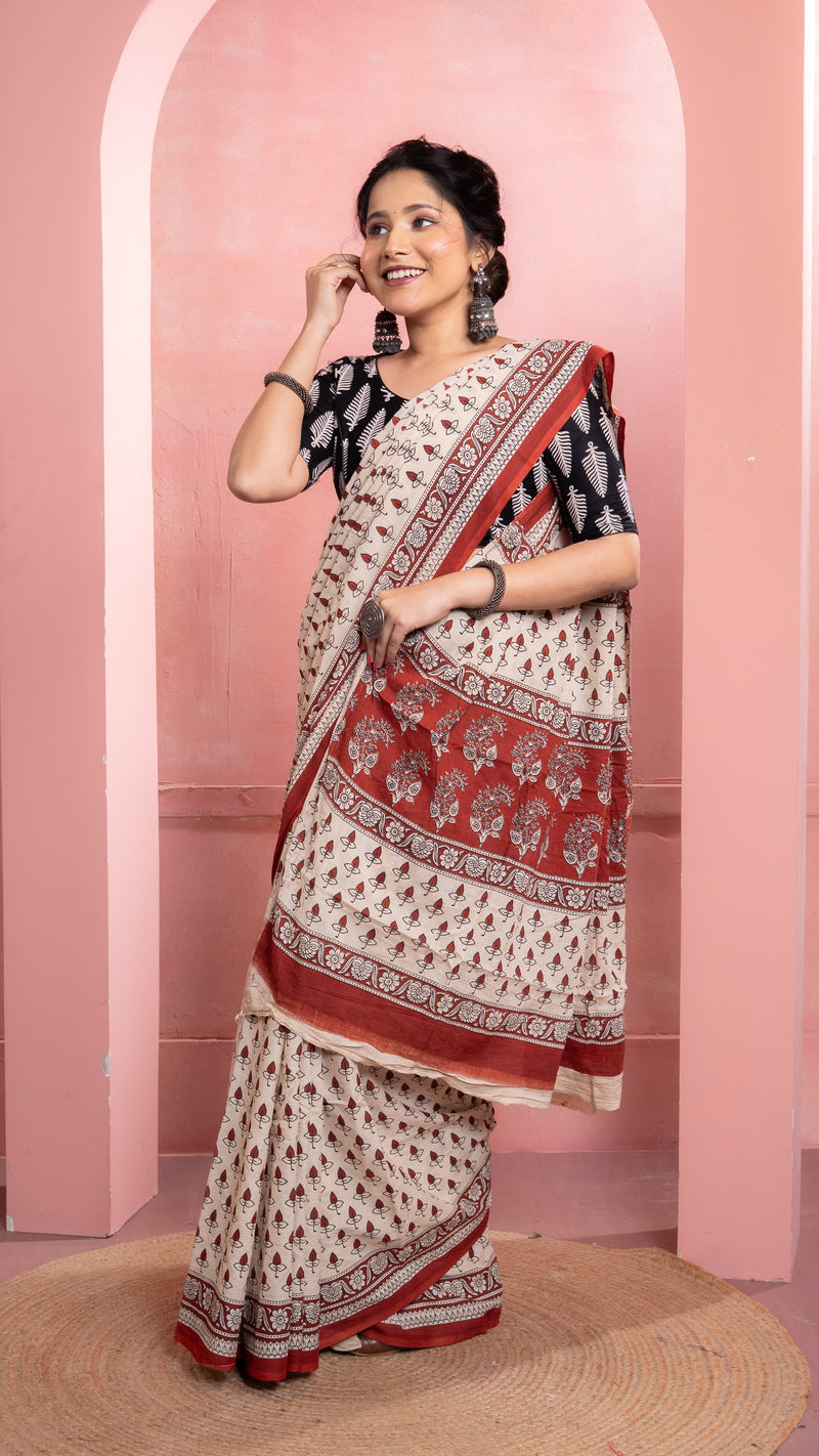 Off white Bagru Print Saree with Rust Border