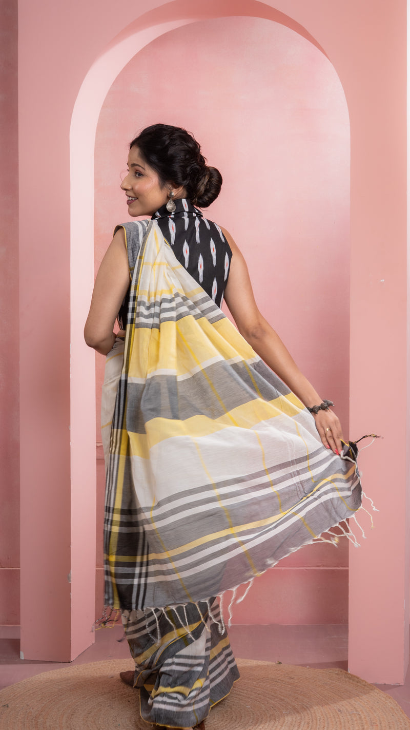 Off white Gamcha style Yellow and Black Handloom Khadi Cotton Saree