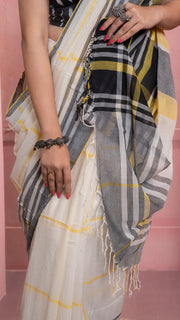 Off white Gamcha style Yellow and Black Handloom Khadi Cotton Saree