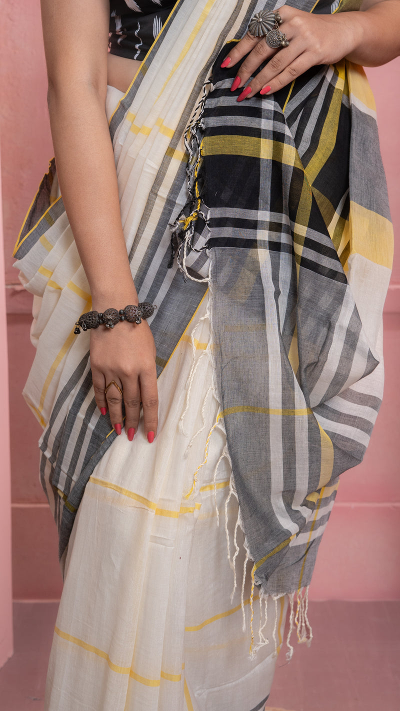 Off white Gamcha style Yellow and Black Handloom Khadi Cotton Saree