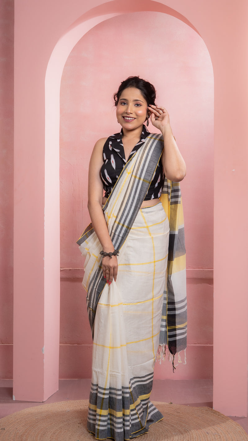 Off white Gamcha style Yellow and Black Handloom Khadi Cotton Saree