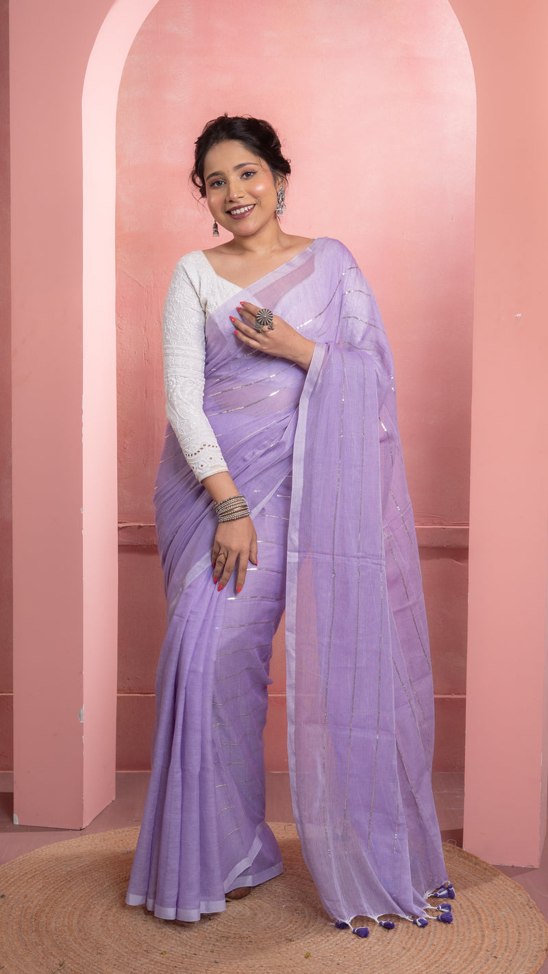 Lavender Mul Cotton Saree with Sequenced Stripes